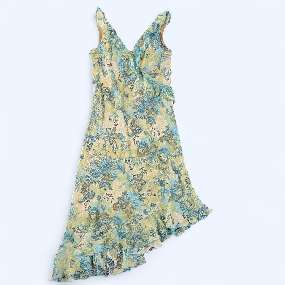 Y2k Green Blue Asymmetrical Ruffle Midi Dress 8 Medium Petite Fairy Cottagecore